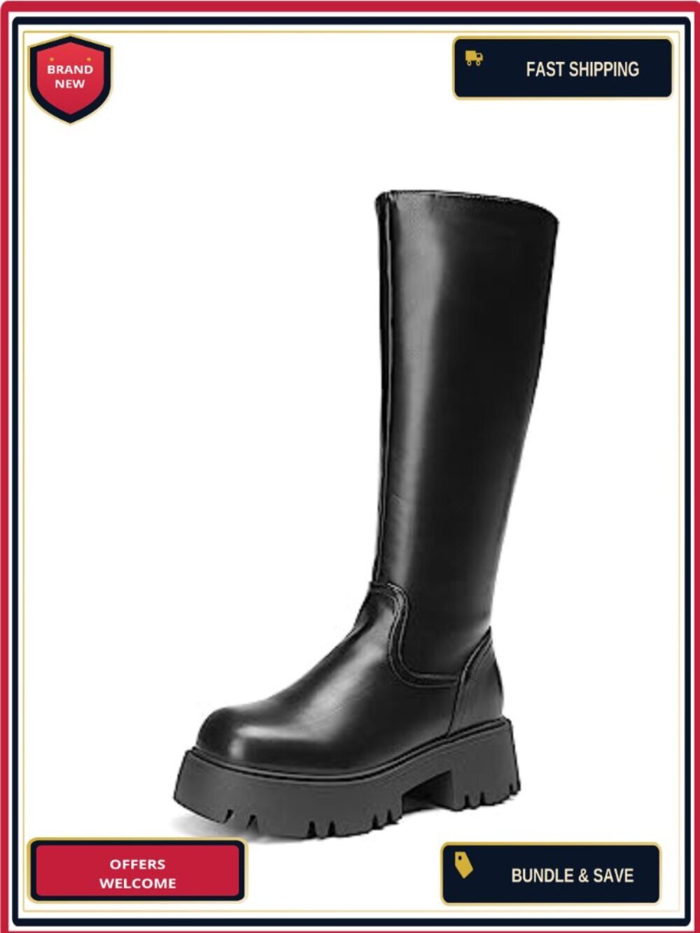 Knee High Platform Chunky Boots for Women Round Toe Side Zipper Elastic Panel